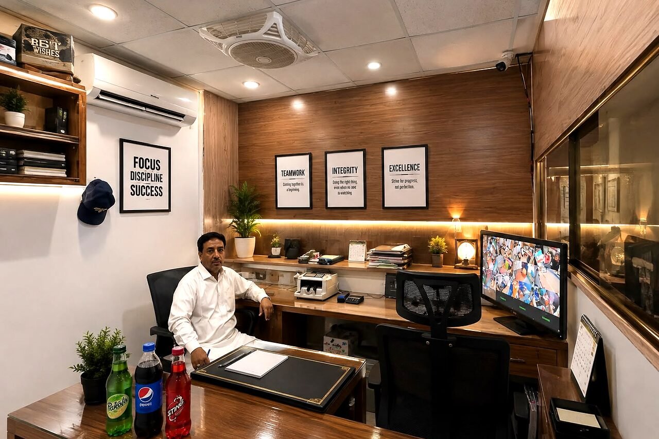 Rashid Baloch at the order desk in the office at Buleedi Distributors in the evening, where orders are confirmed, with the security camera monitor beside him and four framed prints on the wall reading focus, teamwork, integrity and excellence.